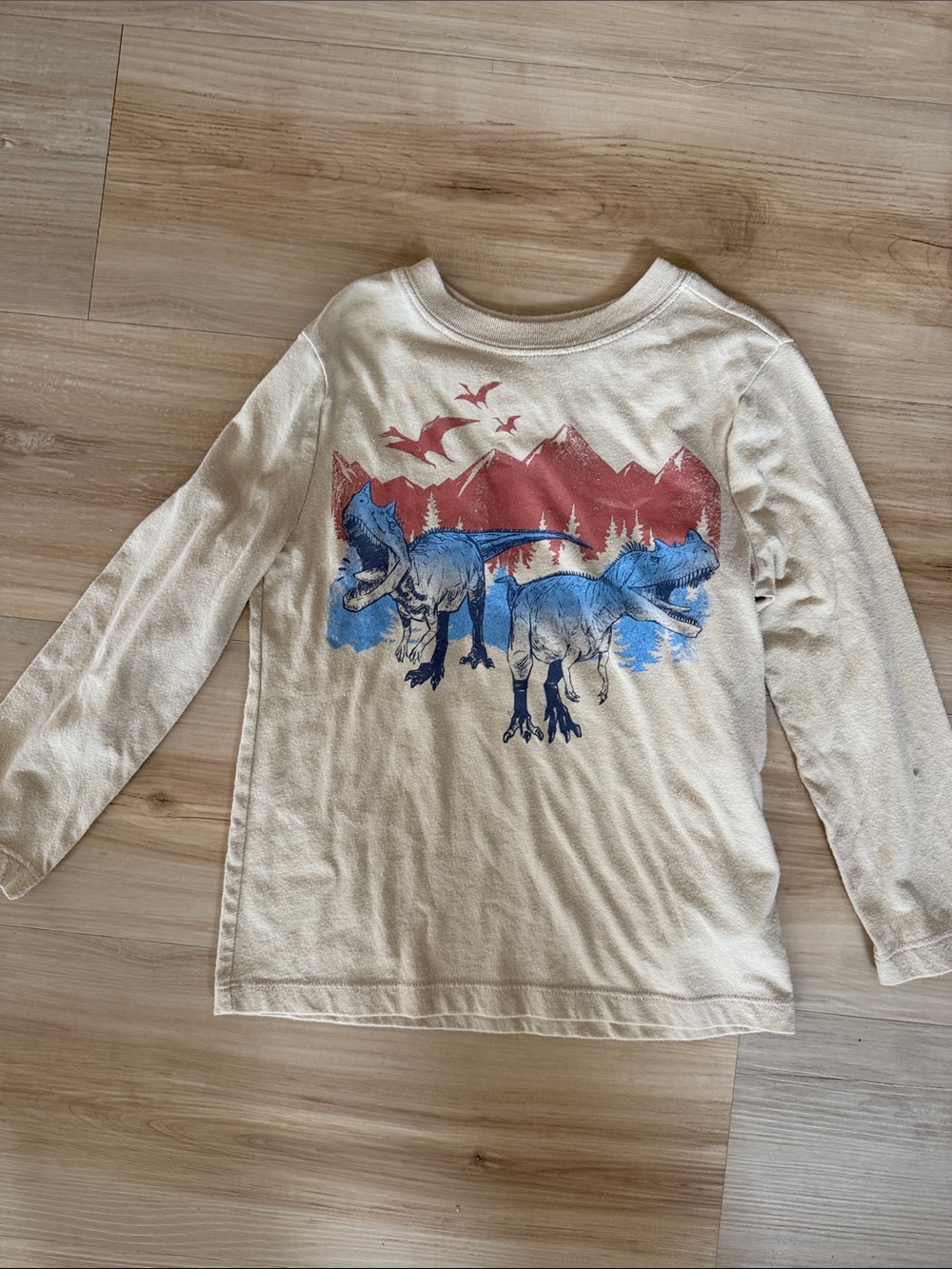 OshKosh B'gosh Cream Long-Sleeve Tee with Blue and Red Dinosaur Graphic